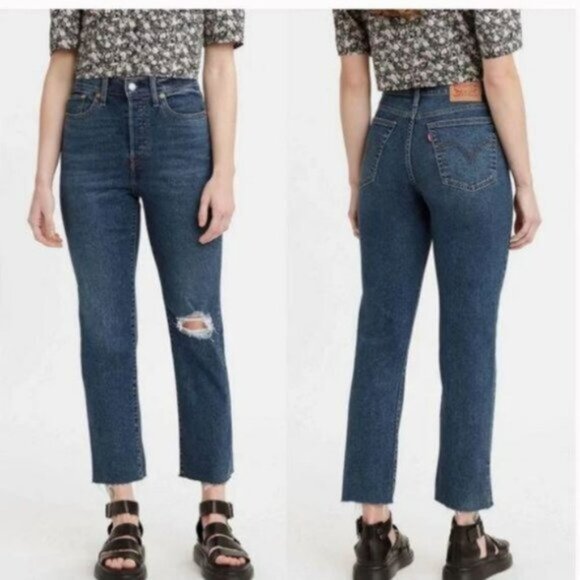 Levi's Wedgie Straight Distressed Jeans Button Fly Medium Wash size 29 y2k 90s - Picture 4 of 16